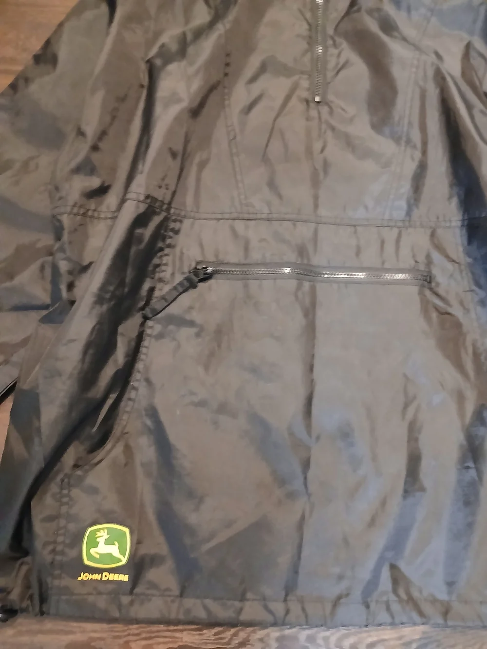 John Deere Black Hooded Pullover Windbreaker with Green Logo Patch